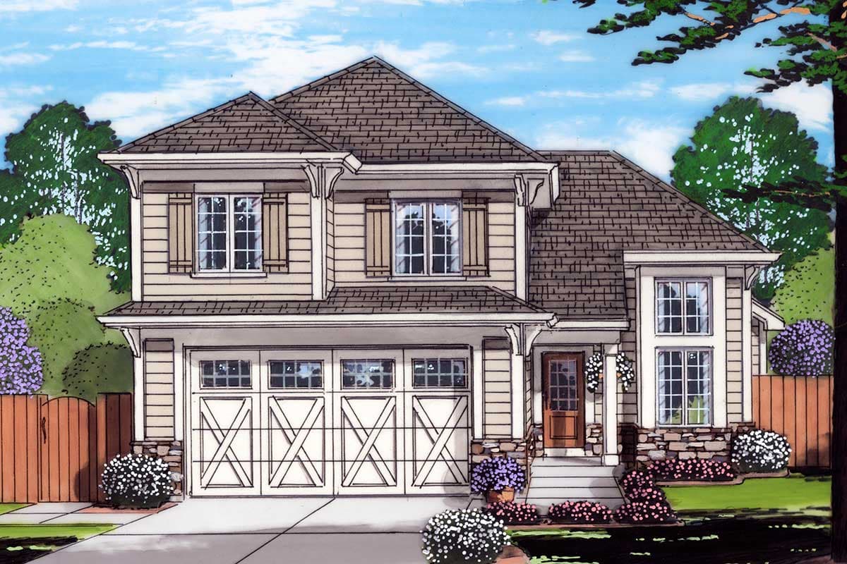 House plan exterior with two stories, Craftsman style. Features include gabled roof, two-car garage, and shuttered windows. Stone accents at base.