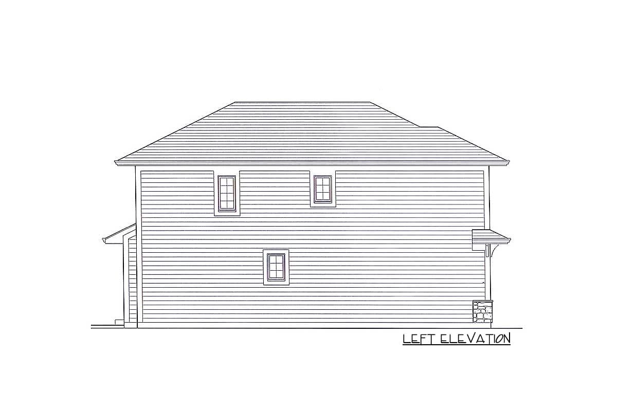 Left elevation house plan drawing showing a two-story house with horizontal siding, a prominent roofline, and three windows.