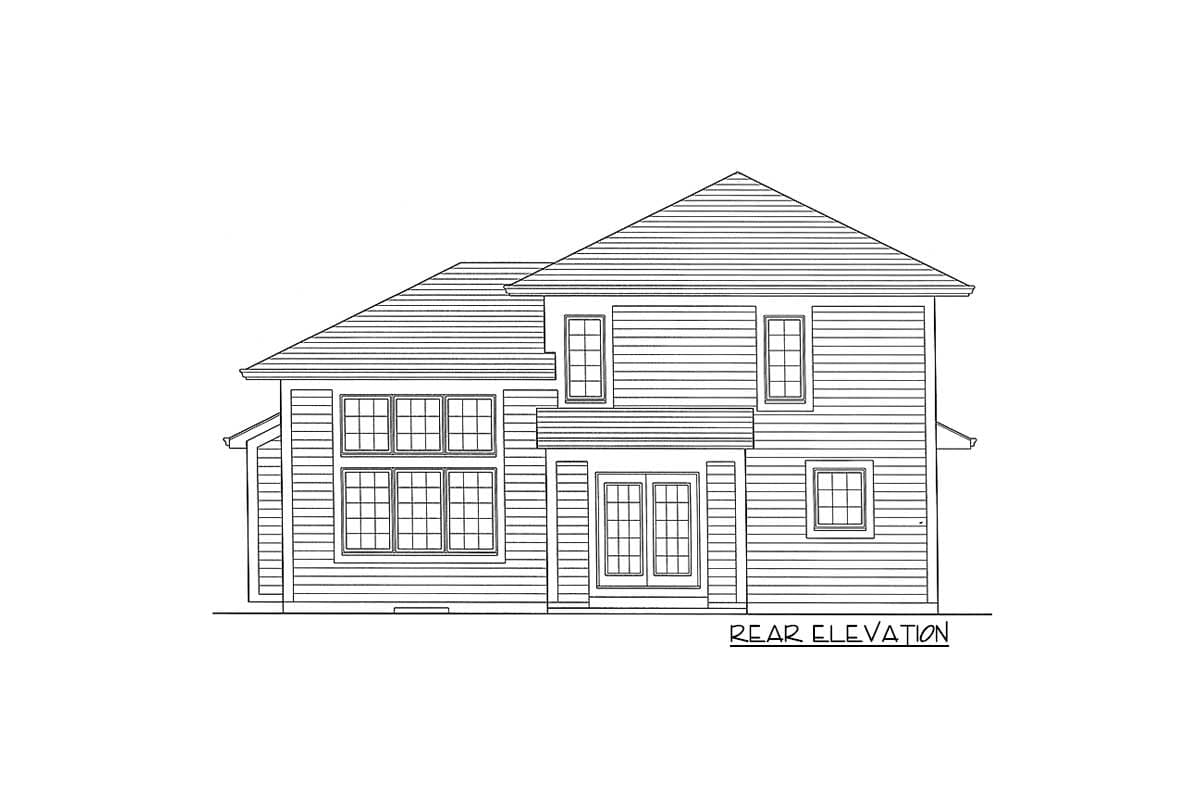 Rear elevation of a two-story house plan featuring double doors, multiple windows, and a prominent gable roof.