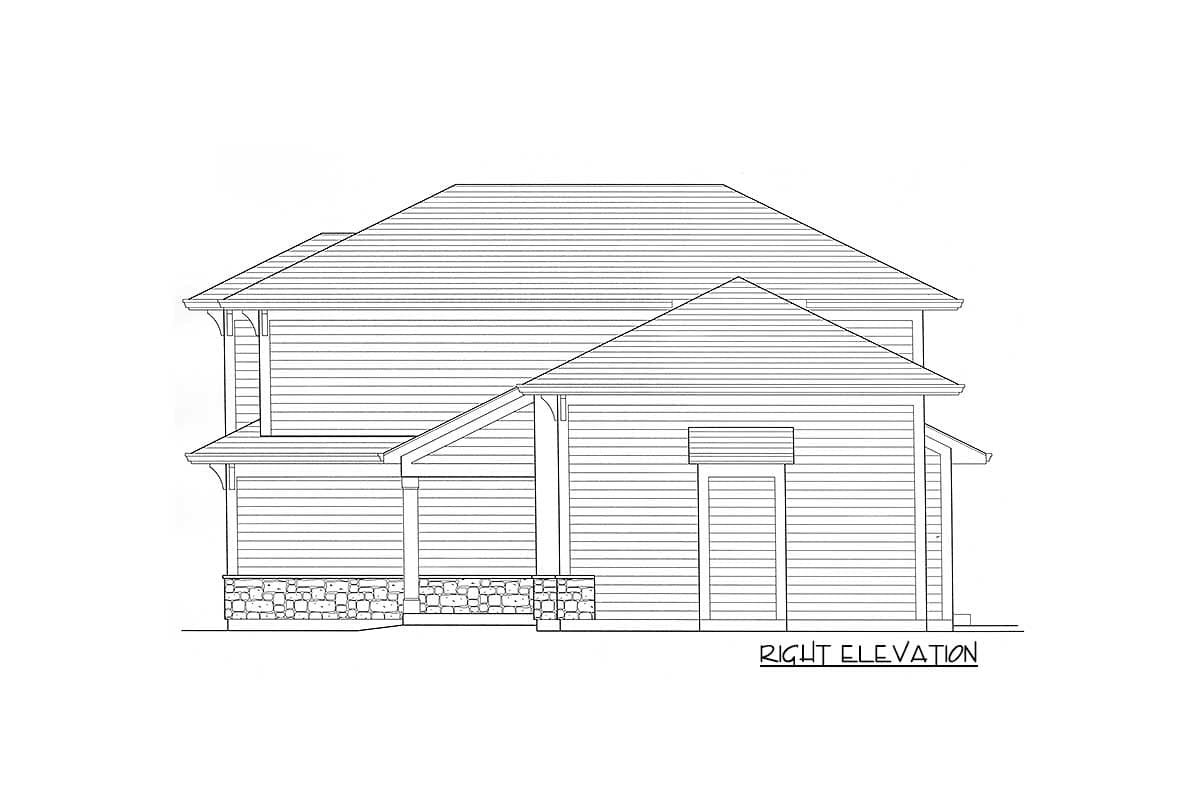 Right elevation drawing of a two-story house plan with horizontal siding, stone base, porch, and gabled rooflines.
