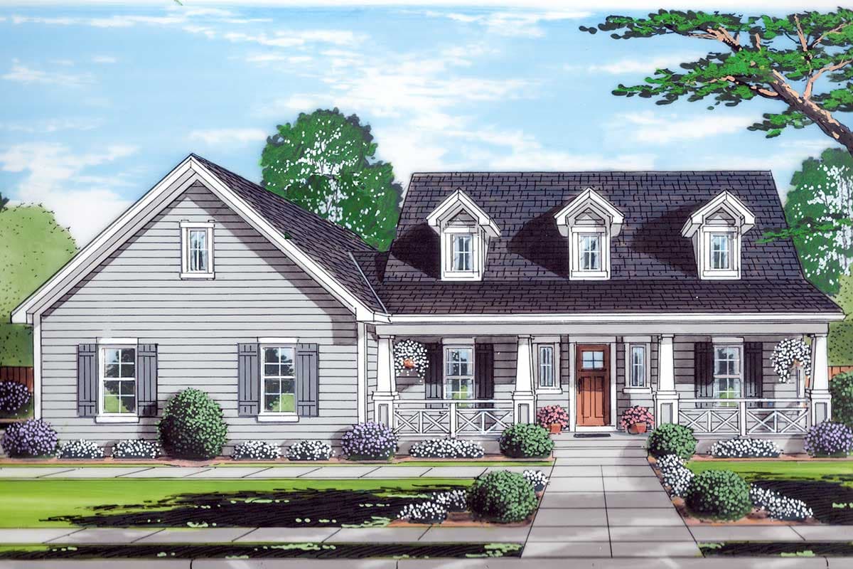 House plan exterior featuring a one-story, Craftsman-style design. Key features include a front porch, dormers, and gabled rooflines.
