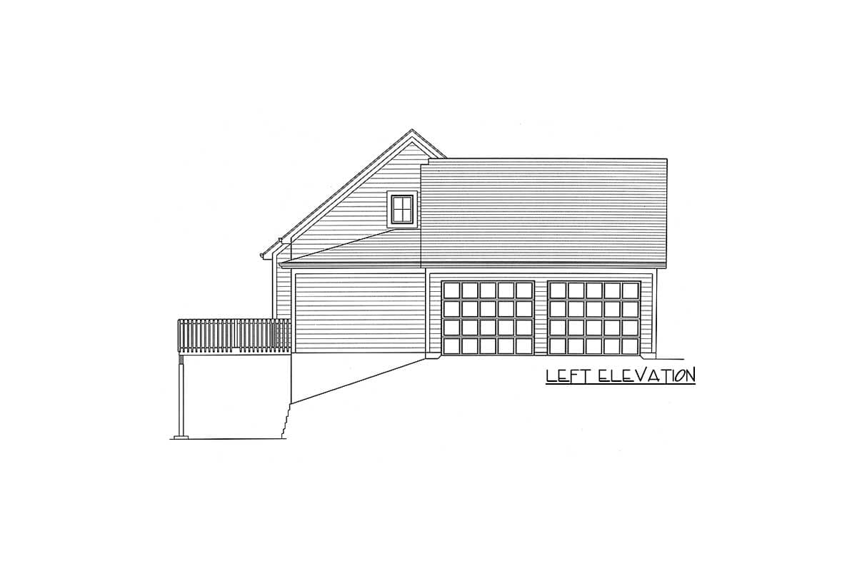 Left elevation drawing of house plan with a gambrel roof, two garage doors, and a deck.