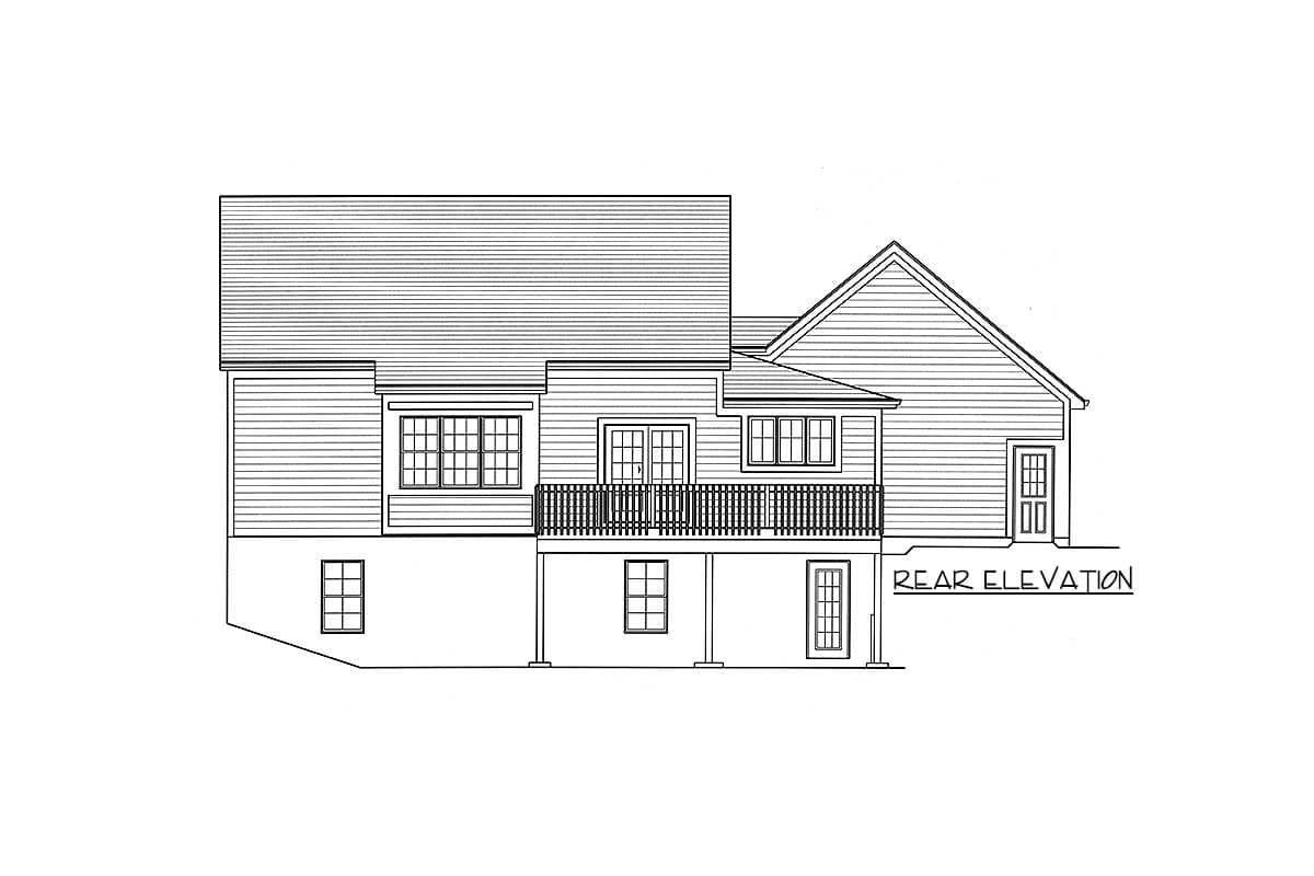 Rear elevation drawing of a house plan, showing a two-story structure with a deck, double doors, and multiple windows.