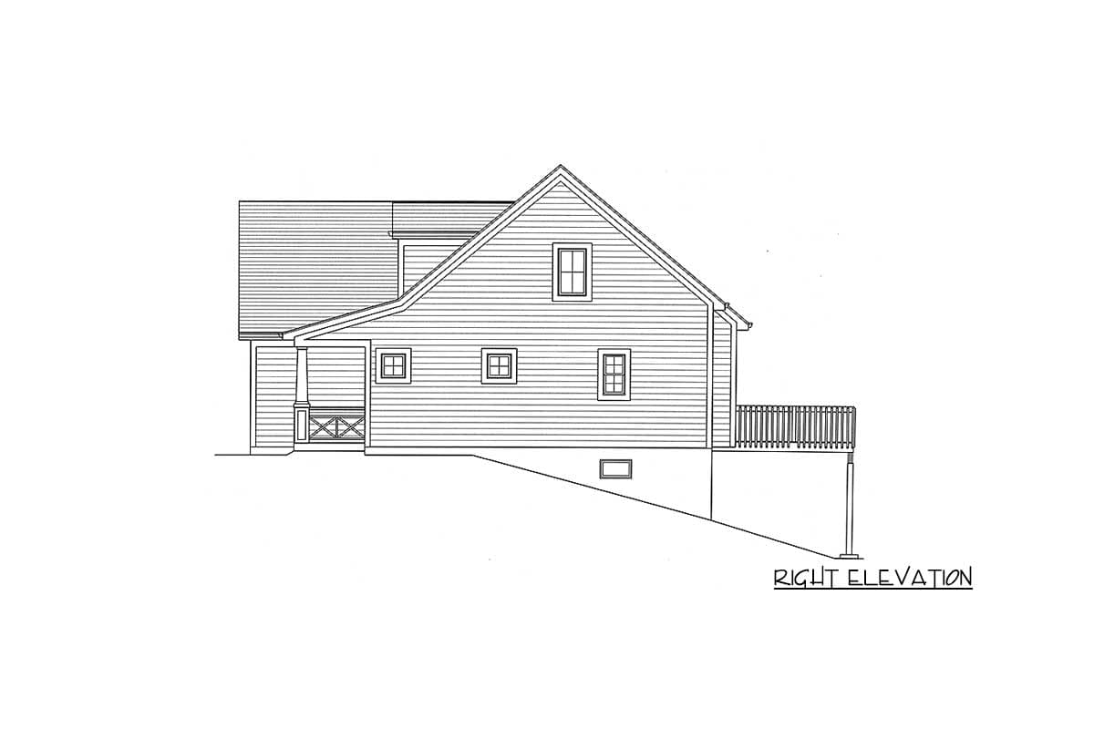 Right elevation house plan with a gabled roof, porch, deck, and siding.