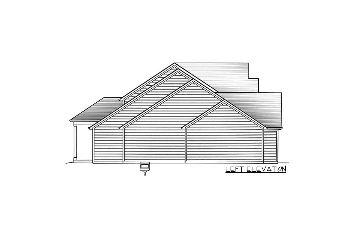 Left elevation of a house plan showing a gable roof, stepped rooflines, and a covered porch.