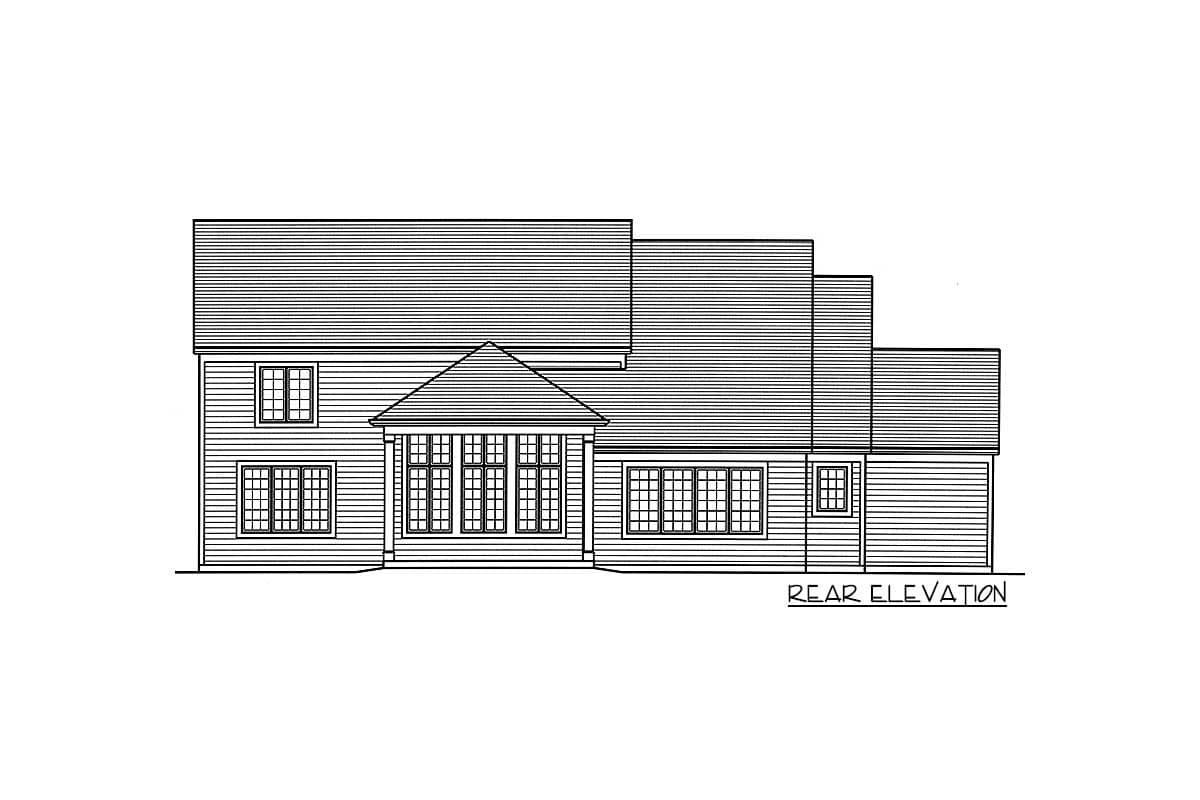 Rear elevation drawing of a two-story house plan, featuring a prominent gable roof over a sunroom and varied window arrangements.