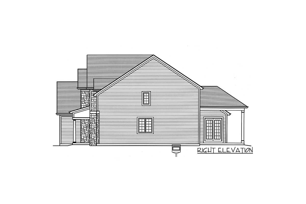 Right elevation house plan drawing showing stone accents, two stories, multi-pane windows, and double doors.
