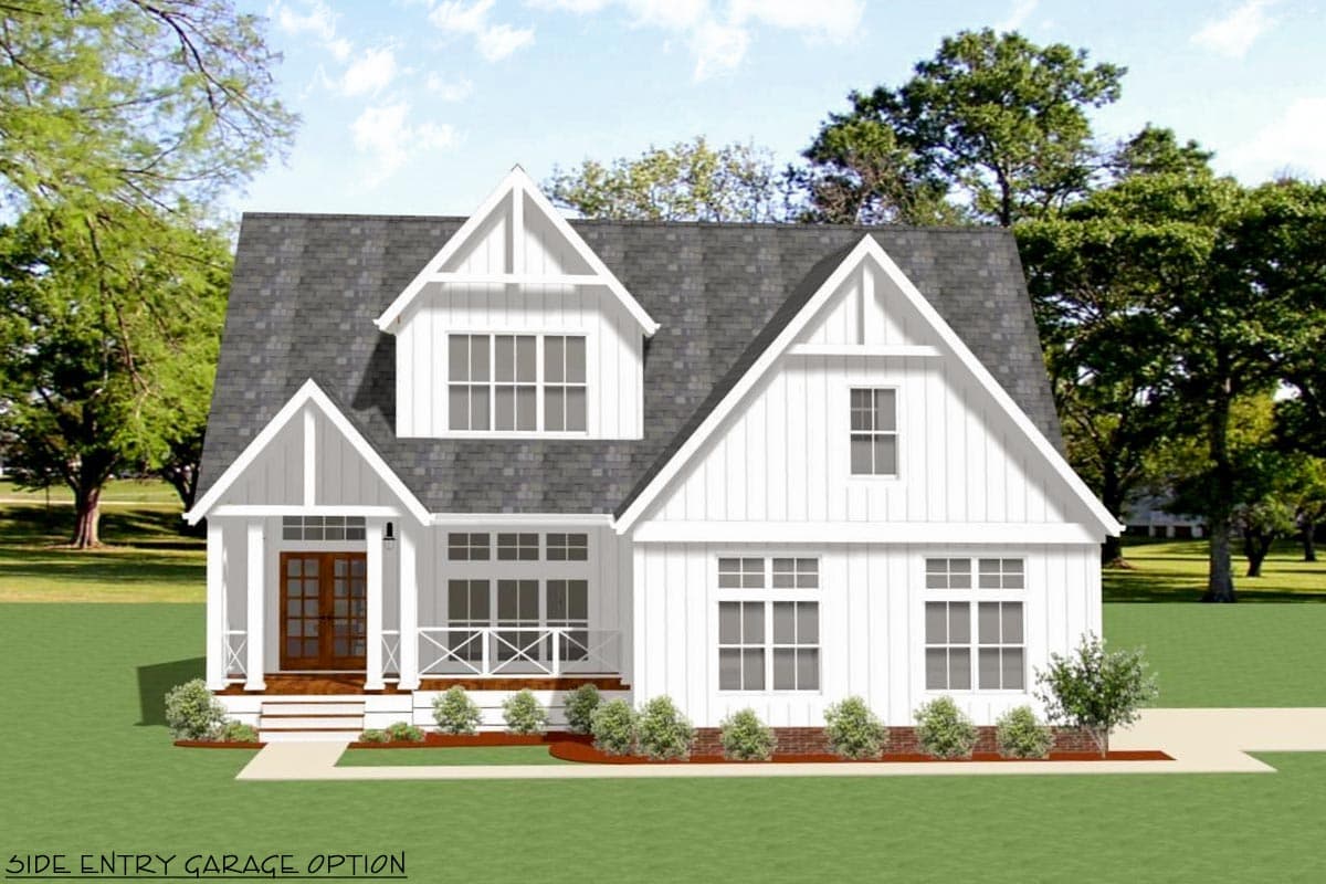 Modern Farmhouse style house plan exterior with a prominent gable roof, front porch with X-braced railing, and dormer.