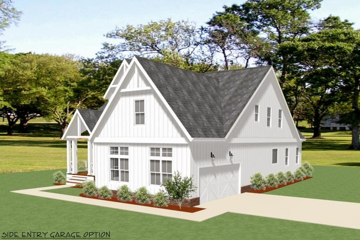 House plan exterior: Modern Farmhouse style, two stories, prominent gables, covered porch, and side-entry garage.
