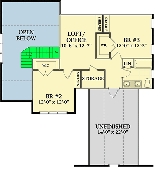 Plan 46358LA: 3-Bed New American Cottage Plan with Main-Floor Master - Floor Plan - 2nd Floor - Country, Farmhouse, New American, Southern, Traditional