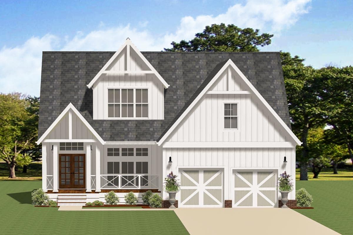 House plan exterior. Modern Farmhouse style, two stories. Features include front porch, multiple gables, and a two-car garage.