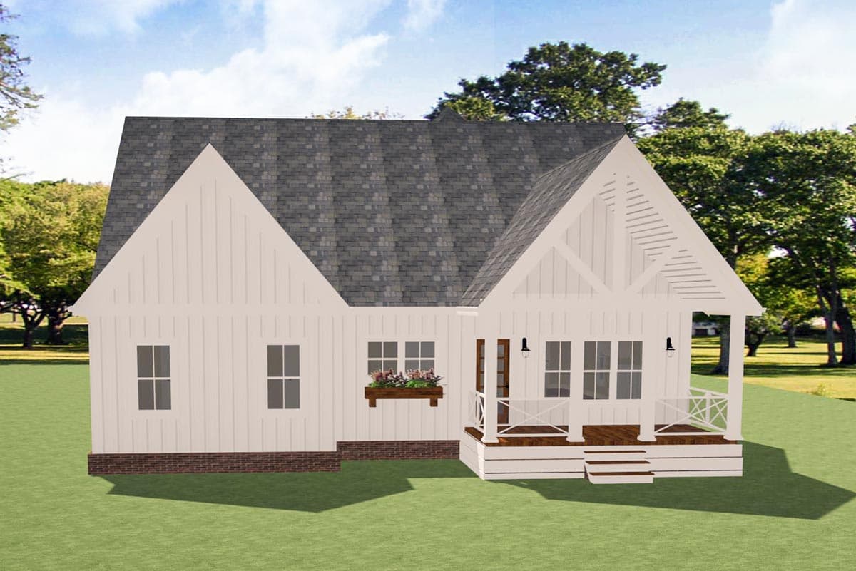 House plan exterior: Modern Farmhouse style, one story, with a gabled roof, covered porch with X-braced railing, and a prominent front gable.