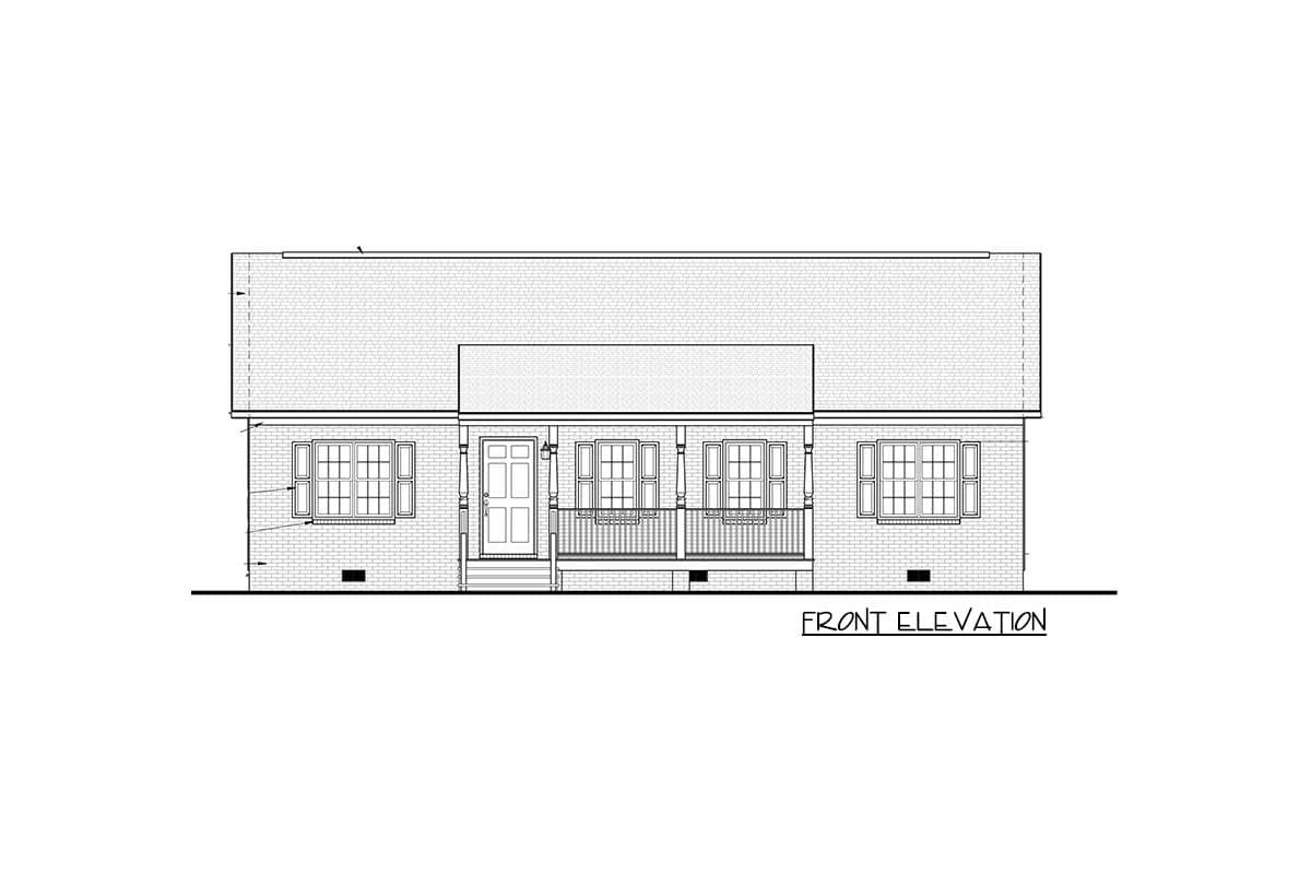 Front elevation drawing of a single-story house with a central porch, double entry doors, and multi-pane windows.