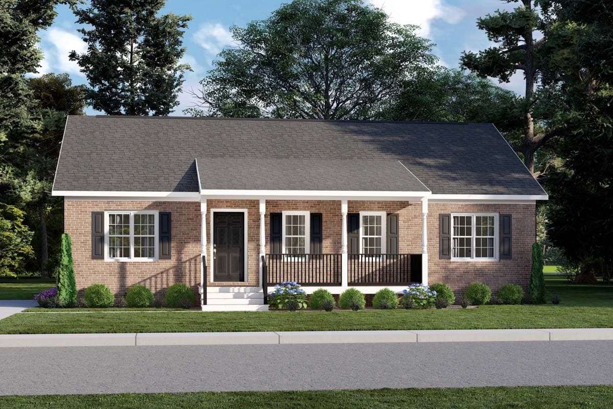 House plan exterior. One-story Ranch style home with front porch, brick facade, black shutters, and gabled roofline.