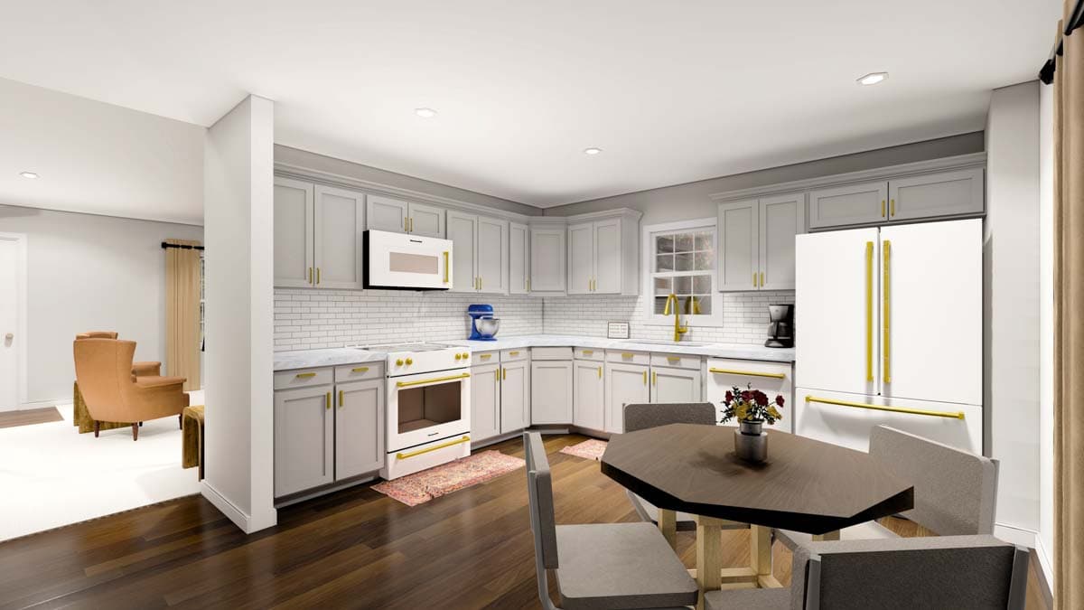 Kitchen rendering with light gray cabinets, white subway tile backsplash, stainless steel appliances, and a dining table.