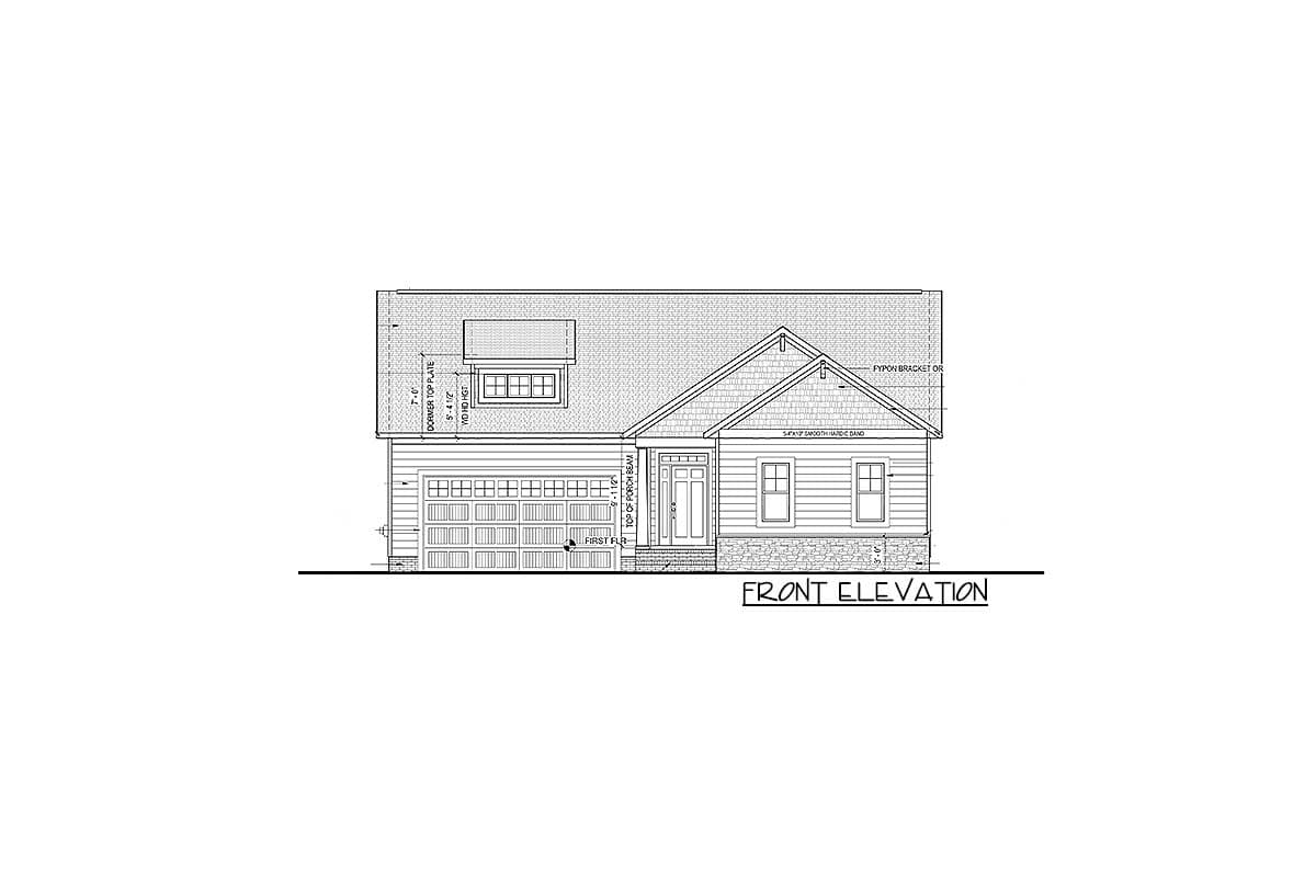 Front elevation drawing of a two-story house plan with a two-car garage, dormer, and covered entry.