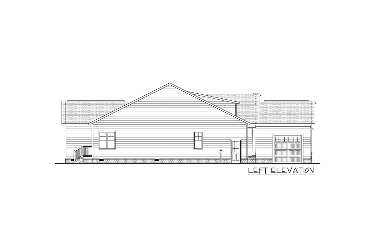 House plan left elevation showing a single-story home with a garage, gabled roof, and multiple windows.