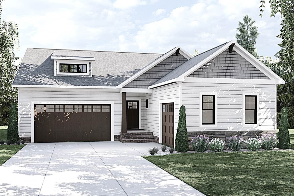 House plan exterior with Craftsman style, single story, and a gable roof. Features include dormer, front porch, and garage.