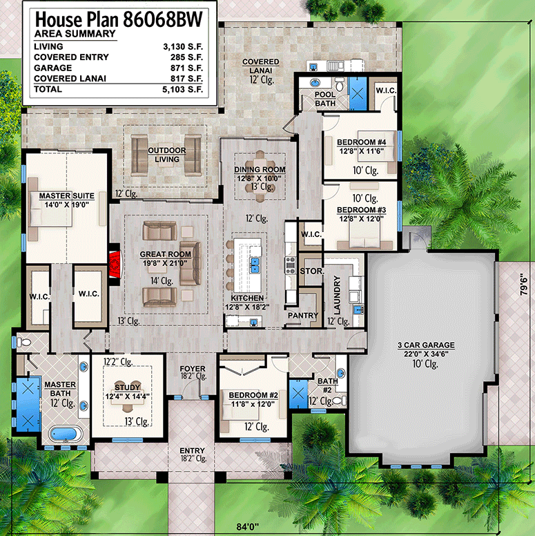 Plan 86068BW: Stunning Single-Story 4-Bedroom House Plan with Covered Lanai - Floor Plan - Main Level - Florida-Style