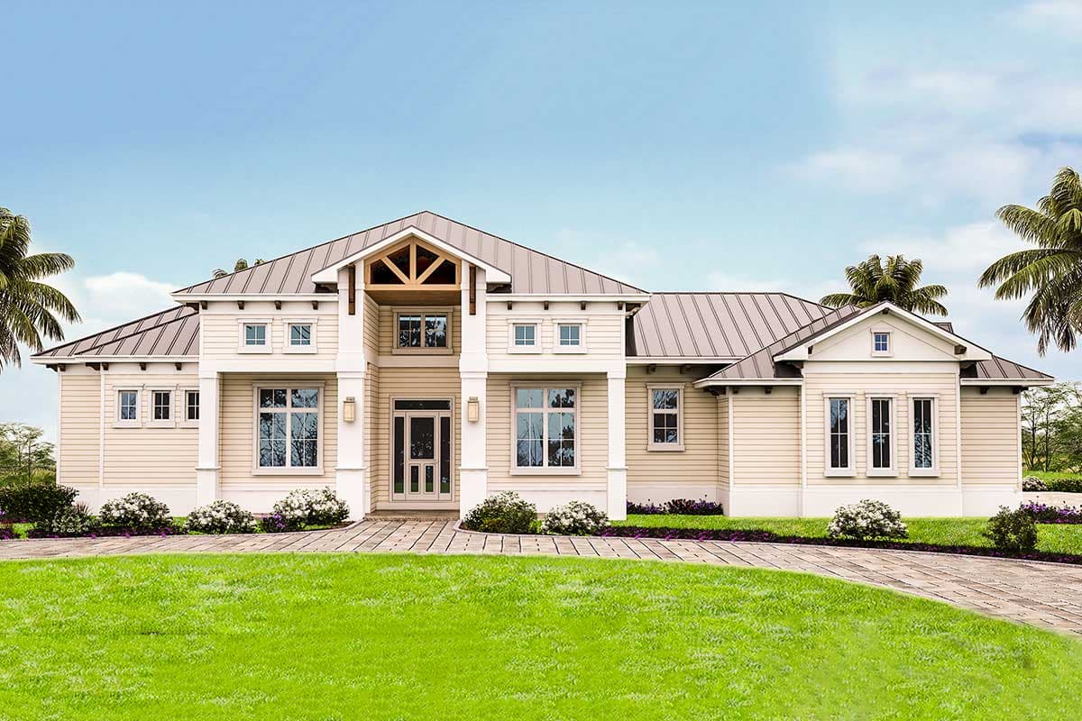 House plan exterior. Two-story home with Craftsman-style elements, metal roof, and gabled dormers. Features a covered porch and porte-cochère.