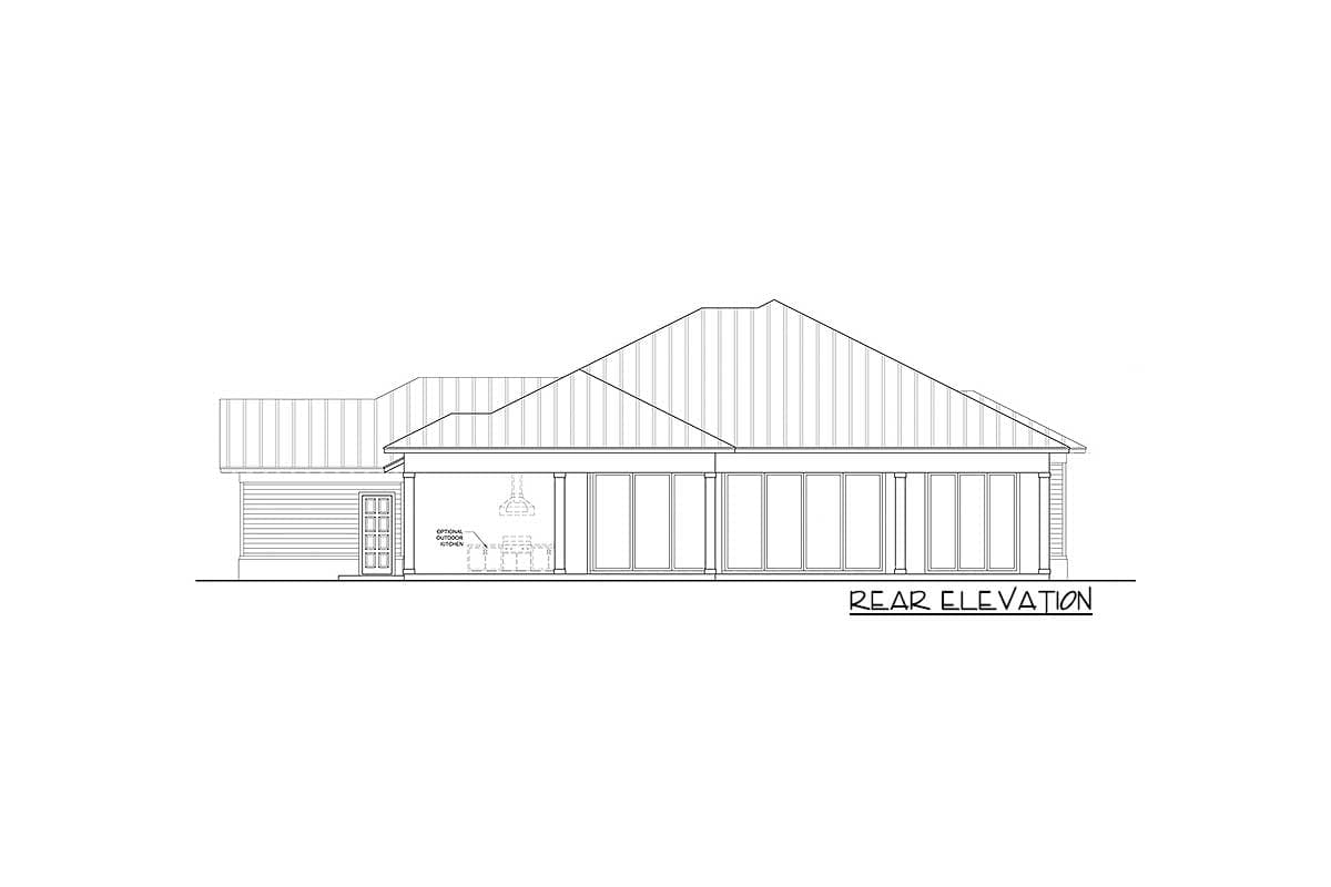 Rear elevation house plan drawing showing a covered porch with an optional outdoor kitchen and large glass doors.