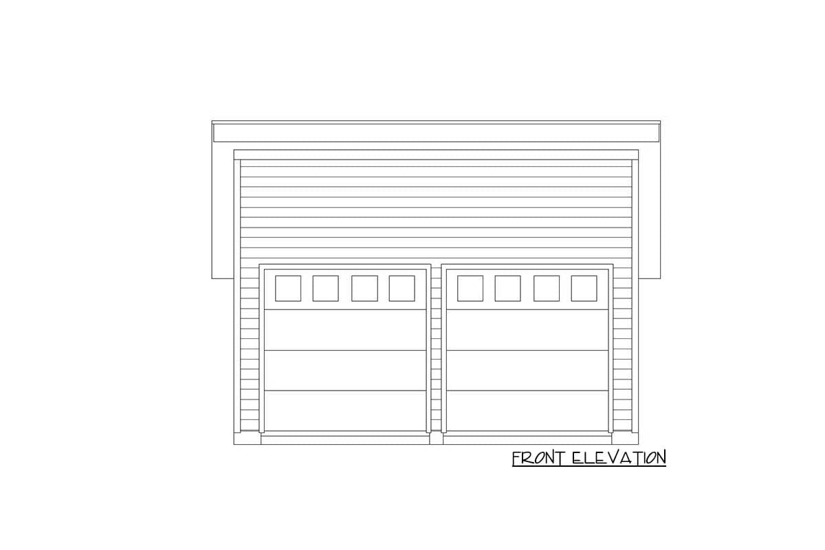 Front elevation drawing of a two-car garage with horizontal siding and square-paneled garage doors.