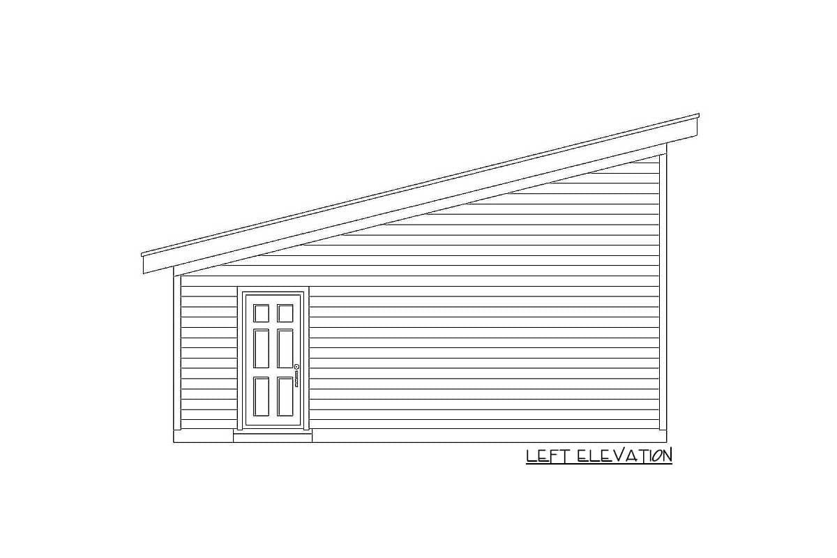Left elevation drawing of a one-story house with a single door and a shed roof.