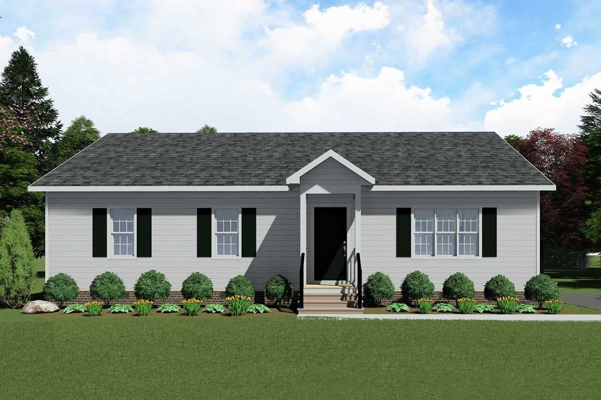 House plan exterior. Ranch style with a single story, gable roof, and small covered entry porch. Features include shutters and a symmetrical facade.