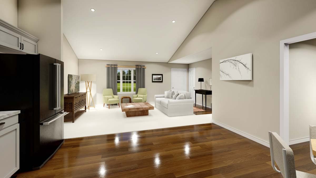 Interior rendering showing a great room with vaulted ceiling, fireplace, and open layout.