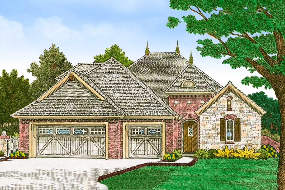 House plan exterior with brick and stone facade, two-car garage, multiple gables, and a steeply pitched roofline.