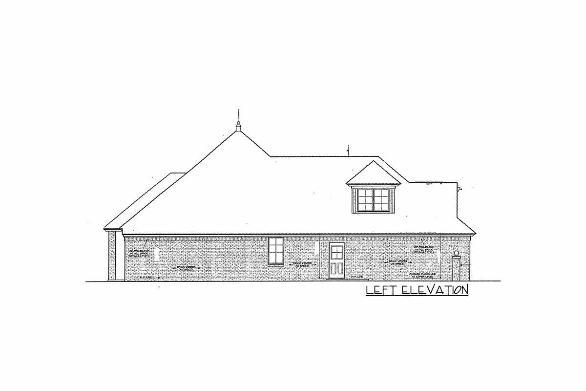 Left elevation drawing of a house plan showing a brick facade, sloped roof with dormer, and two windows.