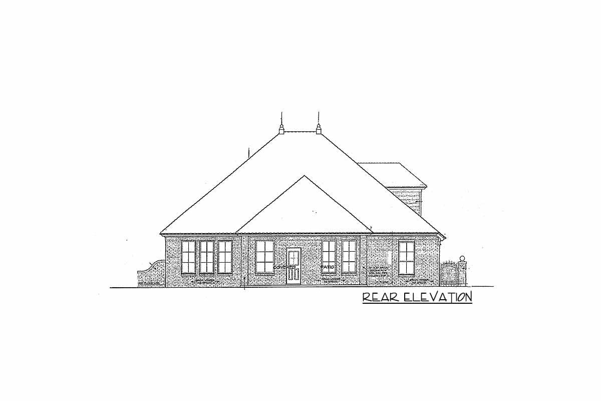 Rear elevation drawing of a one-story house with a hipped roof, multiple windows, and a central door.