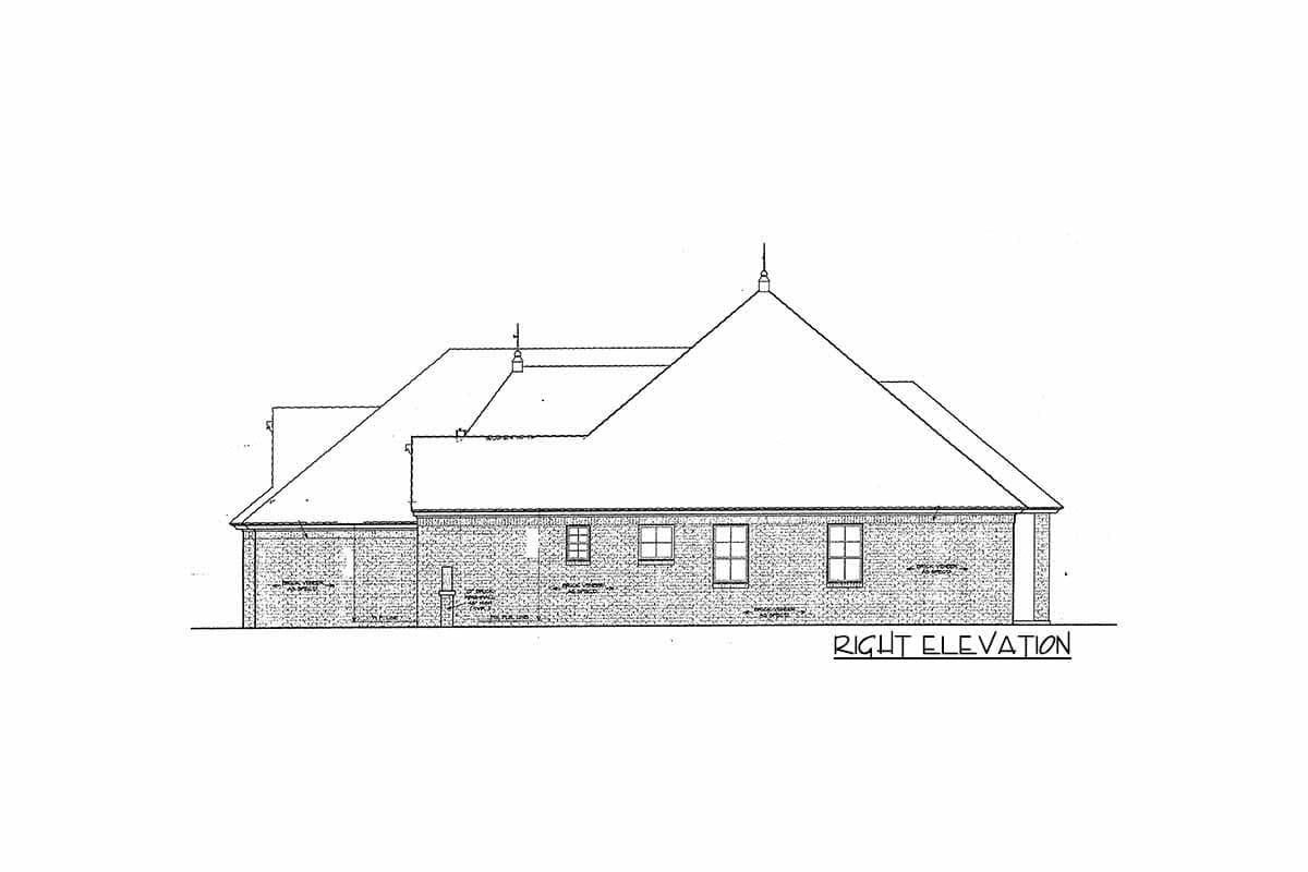 Right elevation drawing of a house plan showing brick exterior, multiple gables, and numerous windows.