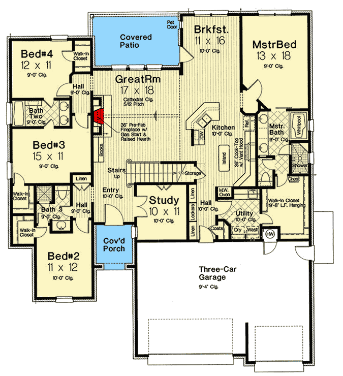 Plan 48581FM: 4-Bedroom House Plan with Study and Optional Home Theater - Floor Plan - Main Level - European, French Country