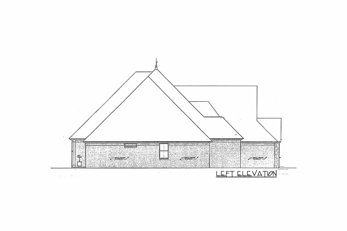 Left elevation drawing of a brick house plan featuring multiple gables and a prominent pitched roofline.