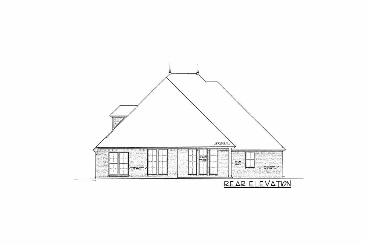 Rear elevation house plan drawing showing brick facade, large roof, multiple windows, and covered patio area.