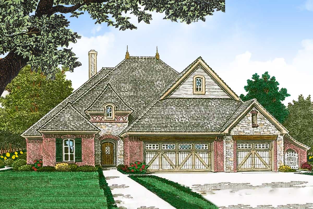 House plan exterior. Two-story, brick and stone facade with multiple gables. Features include a front-entry garage and dormer windows.