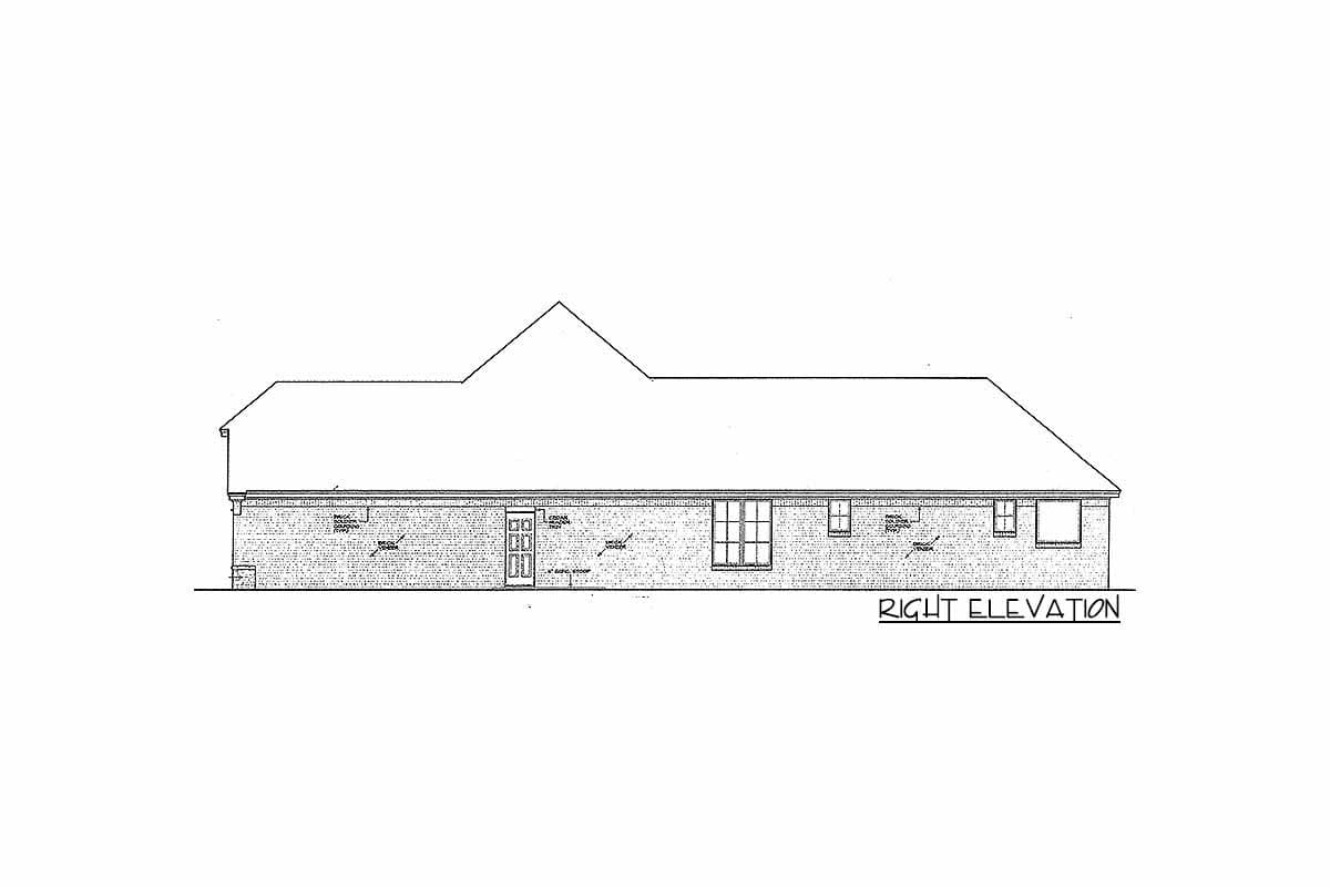 House plan right elevation drawing shows a single-story brick structure with a sloped roofline, multiple windows, and a double door.