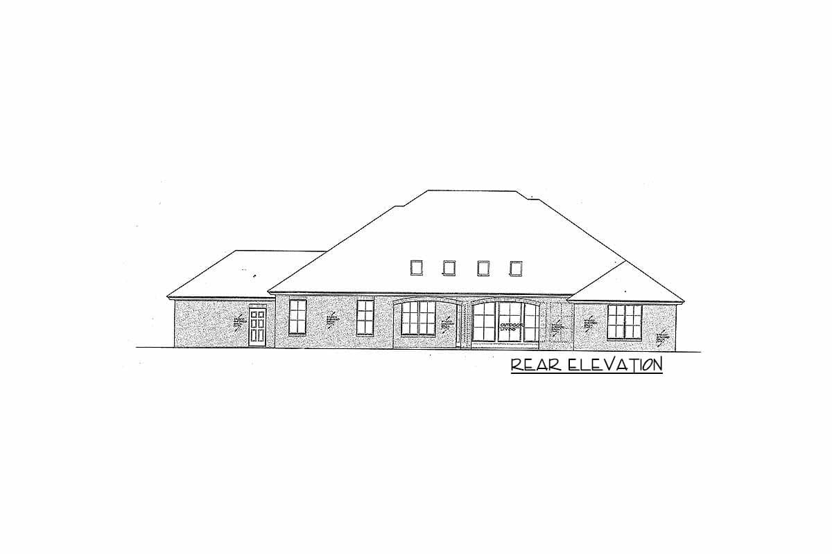 Rear elevation house plan drawing showing a brick, single-story home with a large hipped roof and multiple windows.