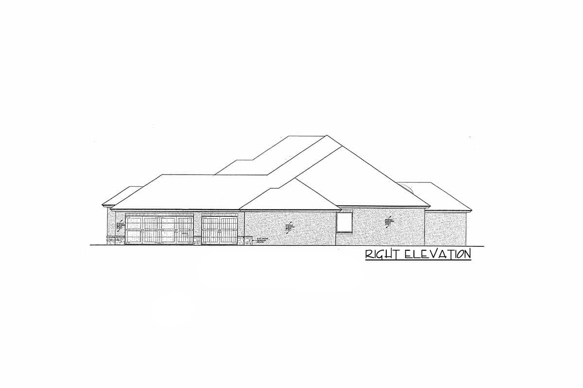 Right elevation drawing of a house plan featuring a prominent roofline, two garage doors, and brick facade.