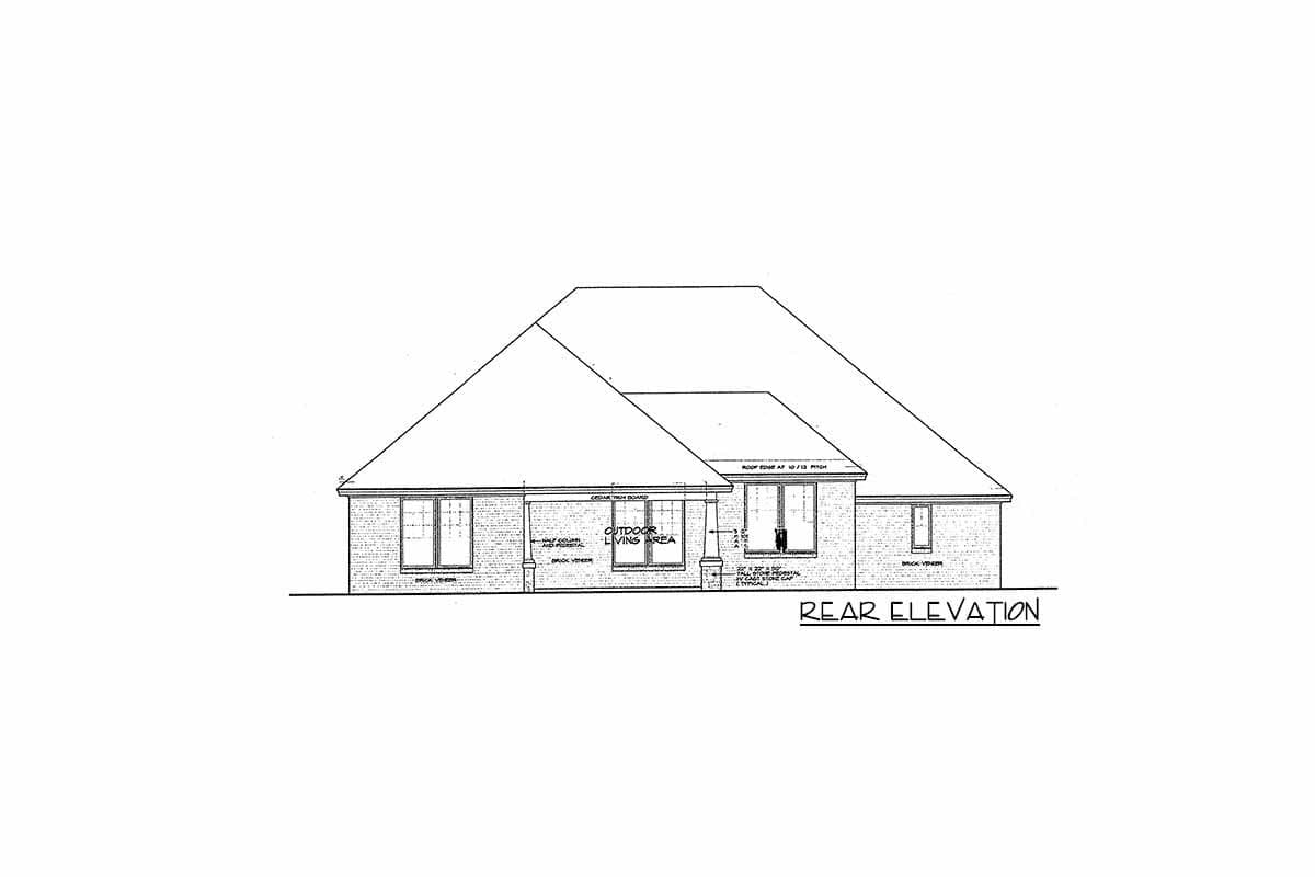 Rear elevation drawing of house plan featuring brick veneer, hip roof, and covered outdoor living area.