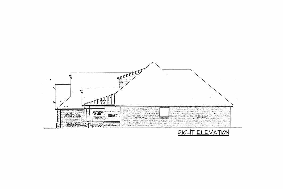Right elevation of a house plan showing a covered porch with columns, brick veneer, and a gable roof.