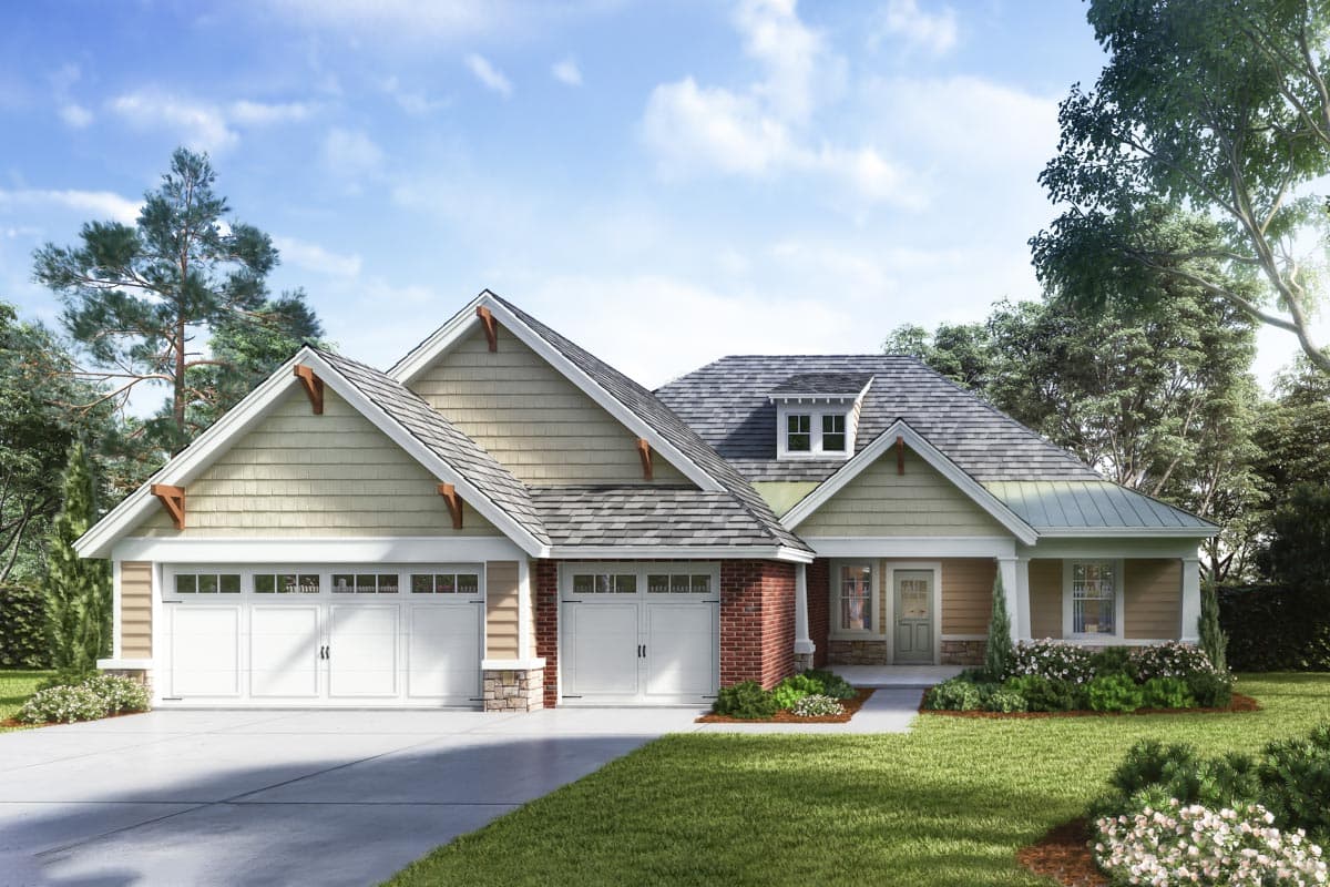 House plan exterior with Craftsman style. Features include gabled roof, brick accents, and attached garage. Includes dormer and front porch.