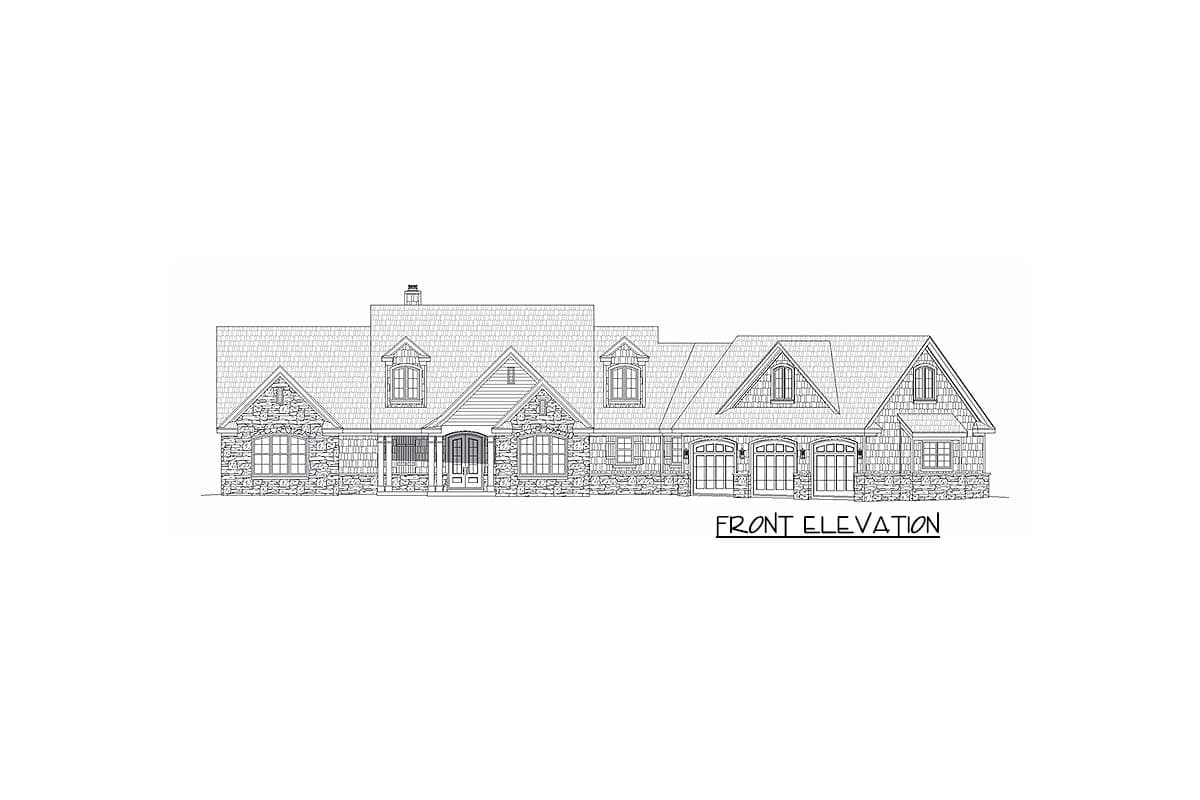 Front elevation drawing of a multi-story house plan featuring stone accents, dormers, a covered porch, and a four-car garage.