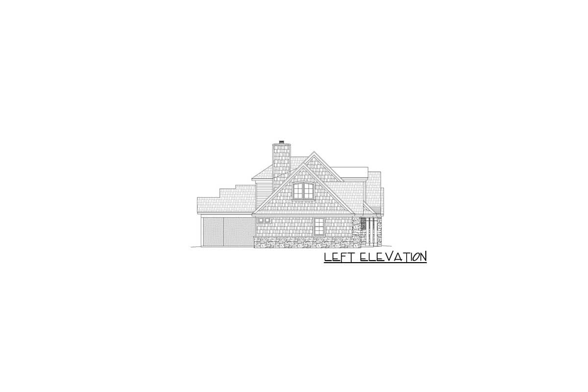 Left elevation house plan showing a two-story home with a garage, stone foundation, gables, and a prominent chimney.