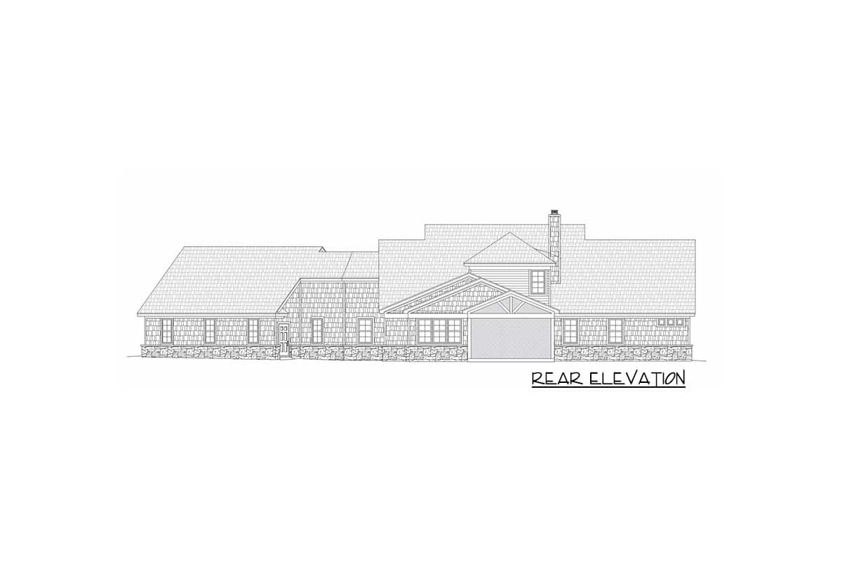 Rear elevation drawing of a house plan with shingle siding, stone accents, multiple gables, and a central garage.