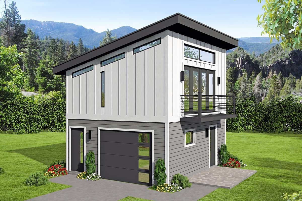 House plan exterior. Two-story, Modern design with a flat roof. Features include a balcony, a garage door with glass panels, and vertical siding.