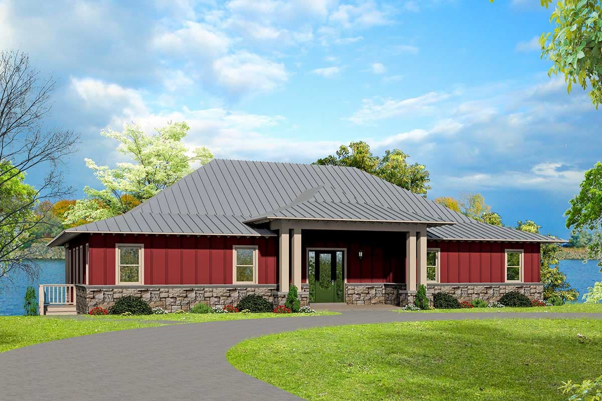 House plan exterior. One-story house with a metal roof, front porch with columns, and stone veneer accents.