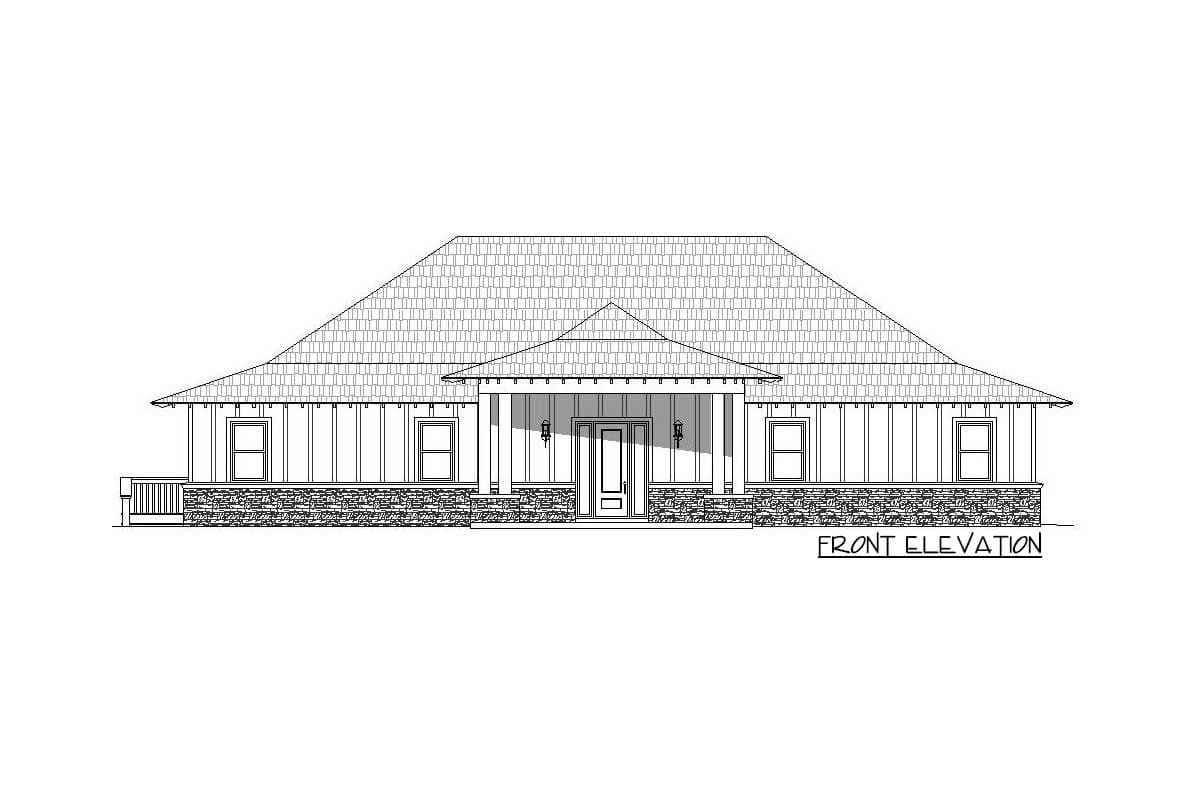 Front elevation drawing of a one-story house plan with a covered porch, gabled roof, and stone foundation.