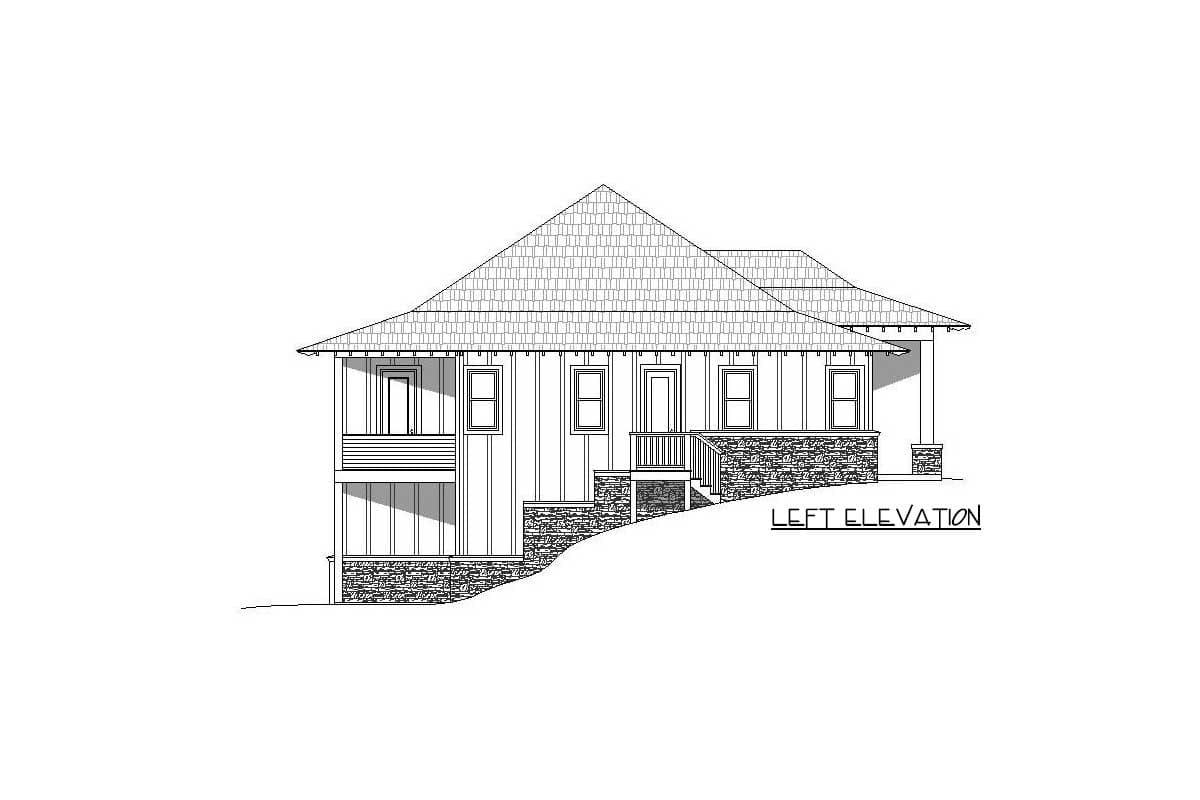 Left elevation drawing of a house plan with a multi-level roof, stone foundation, and covered front porch.